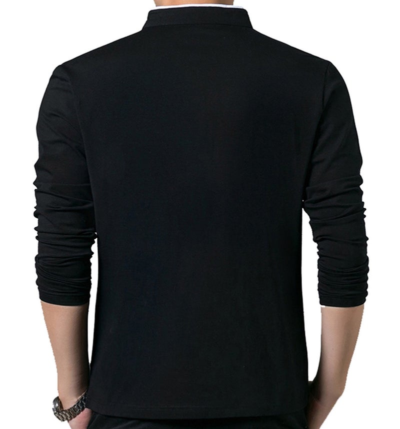 KUYIGO Men's Casual Slim Fit Shirts Long Sleeve Polo Shirt Mandarin Collared T-Shirts Black Small - Image 4